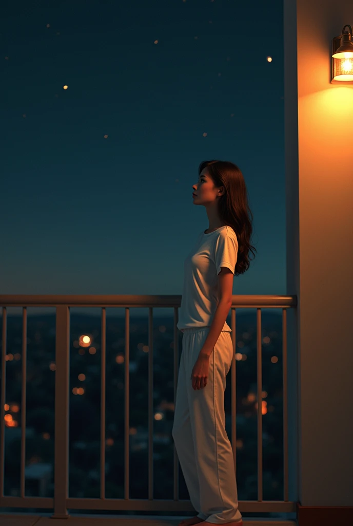 (photorealism:1.2), A beautiful woman((wearing a white t-shirt and long sleep pants)) standing on the balcony holding the balcony railing with a blank stare at the sky, feeling sad, dark night, wall lamp, realistic, intricate details, warm colors, by Greg ...