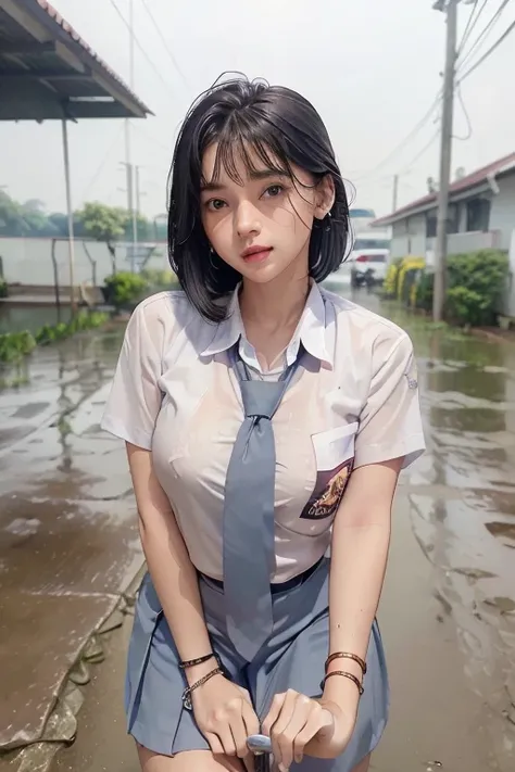 masterpiece, score_9, high quality, Realistic, UHD 8K detailed, full body photo, best result, 1 tall woman, alone at night, (undercut mullet hairstyle, black hair), scared face expression, plump body, blue eyes, Indonesian high-school uniform, (wearing tra...