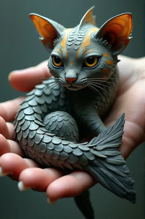 A cat-shaped military fish in a human hand 