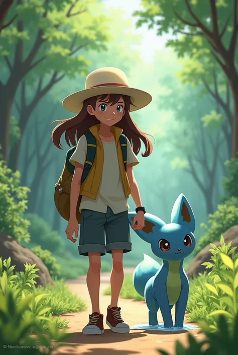 A pokemon trainer with long wavy brown hair with a white hat and traveling with a buizel