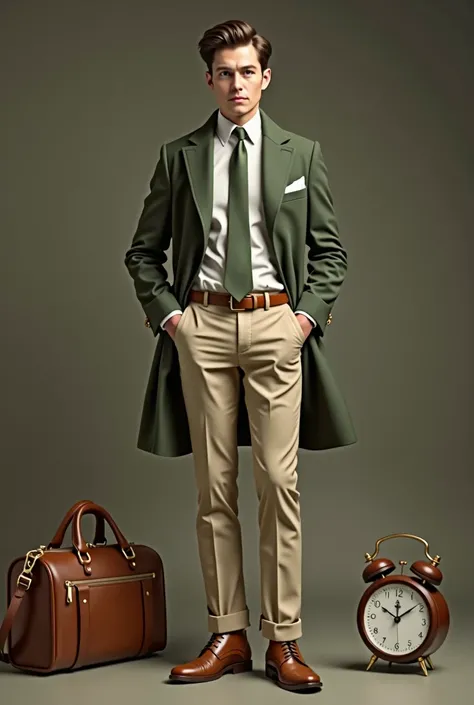 - **blazer:** Dull Olive Green - **shirt:** White - **Pants:** Beige  
- **belt:** Warm Beige - **shoes:** Light Brown - **clock:** Bronze - **tie:** Olive Green - **handkerchief:** Olive Green - **schoolbag:** Light brown leather