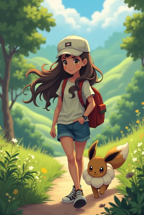 A pokemon trainer with long wavy brown hair with a white hat and traveling with an eevee 