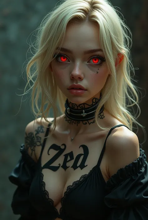 Create a girl with blonde hair, red eyes and a tattoo that says ZED