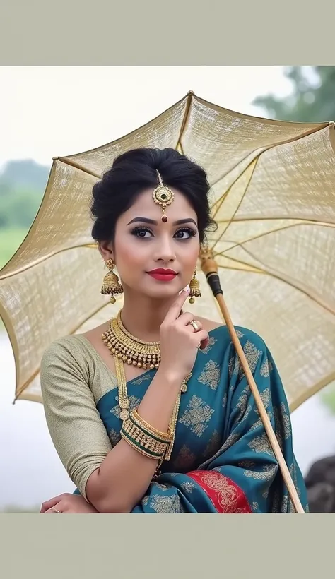 a woman in a white and red sari with gold jewelry, traditional beauty, traditional makeup, assamese aesthetic, wearing bihu dress mekhela sador, with professional makeup, with lovely look, indian style, very beautiful enga style, wearing gold jewellery, re...