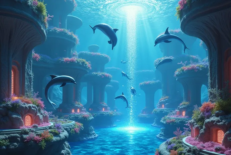 Futuristic underwater city with dolphins dancing in bubble-filled discotheques, relaxing in glowing bubble spas, and playing games with humans. Advanced AI tech helps dolphins create music, blending seamlessly with the coral architecture and vertical garde...