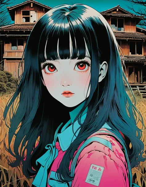 An illustration、art、70s horror movie posters, Inuki Kanako、Attention to detail, Analog Style, chromatic aberration, Surrealism、Complementary Gradient、Face distorted in fear、Large pupils、High Contrast,Abandoned Village