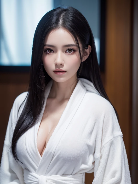 Beautiful girl with realistic black eyes, pale skin, Long black hair, perfect face, perfect eyes, ((Wearing a white bathrobe)), very detailed, comprehensive movie, digital painting, 8K, cinematic lighting, highest quality, High resolution, Great job!, Post...