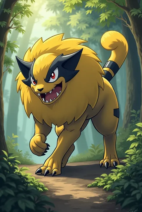 pokemon Raikou on forest, yellow thunder, epic, fight