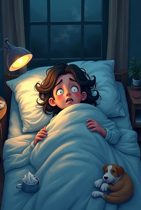 Please draw an illustration of someone who is sick with a severe cold and is in bed.