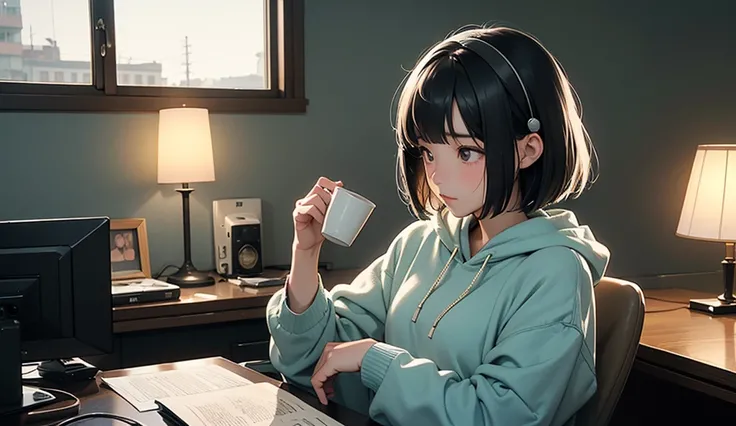 "Japanese girl listening to jazz on headphones、Imagine a scene that brings back memories。. Holding a coffee cup in one hand、, Embodying a calm and pensive mood、Characterized by soft colors, Intricate details, With warmth and thoughtfulness、. In the backgro...