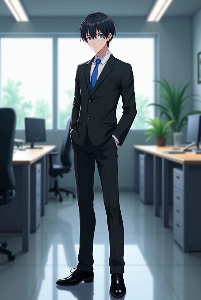 Office background adult man with short black hair and blue eyes, face identical to Darien Chiba from the Sailor Moon anime dressed in a black suit, white shirt and blue tie, standing with his hands in his pants pockets and black shoes