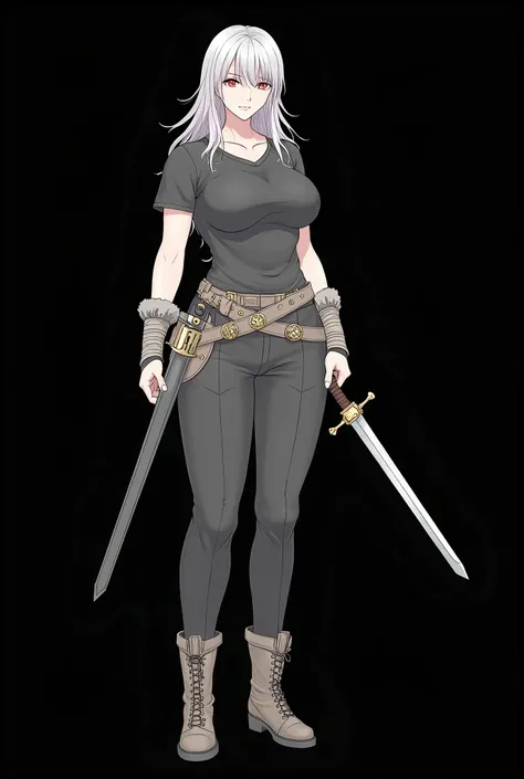 Milf, Big breasts, Medieval, black t-shirt, black pants, black shoes, holding a sword in his hand, Anime style, 2d