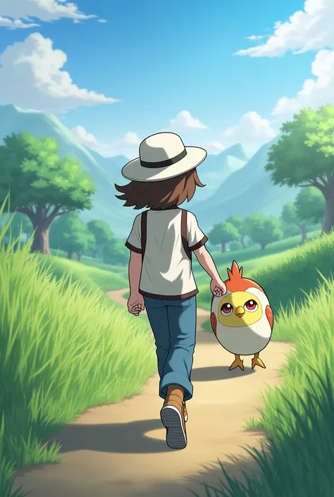 A pokemon trainer with long wavy brown hair with a white hat and traveling with a rowlet 