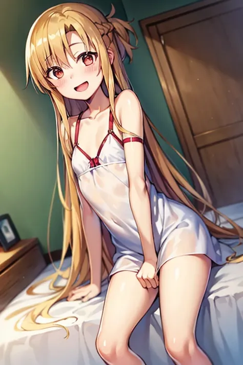 ((Highest quality)), ((masterpiece)), (be familiar with), Perfect Face, indoor, Bedroom, Watching the audience,
One woman, Yuuki Asuna,
Open Mouth, Ecstatic expression, blush, smile,
Small breasts, Flat Chest, , , child, Girl,
Long Hair, Long Hair,
Leg spr...