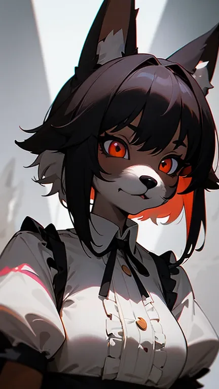 masterpiece,insanely detailed, absurdres, 16K, a girls, kemono, furry face,multicolored hair, dark skin, narrow eyes,with crazy eyes, (dog_girl, anthro furry:1.1),(anthro_female_dog:1.1), fluffy fur, flat chest,white background, upper body,gothic lolita,du...