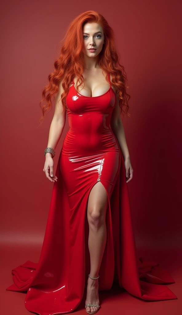 Super big tits in latex dress in a korrset red hair show all