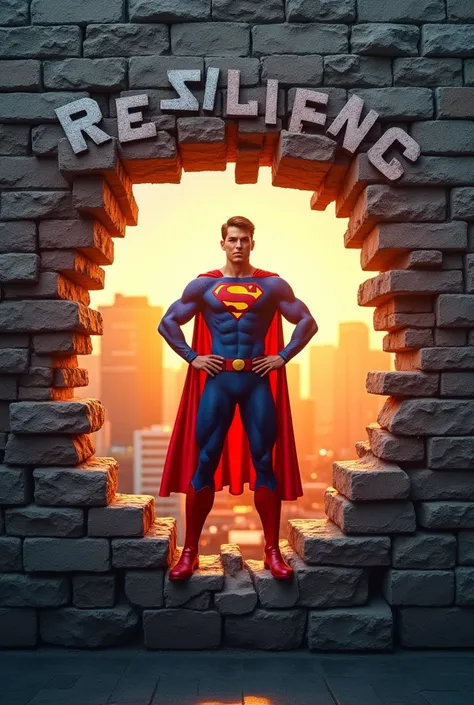 A superhero-like figure breaking through a wall made of bricks with the words Courage and Resilience on it. Behind the wall, a cityscape with bright, shining lights represents the potential for great achievements.