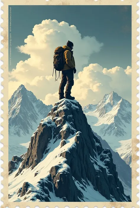 A stamp of a man on the mountain 