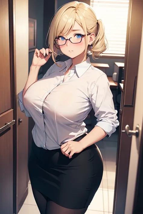 shy girl, chubby, voluptuous, nerd, insecure, ashamed, submissive, side lighting, indoor, natural light, pastel colors, office hallway, short hair, cute hairpins, long pencil skirt, blouse, pantyhose, skindentation, detailed, short side pigtail, round glas...