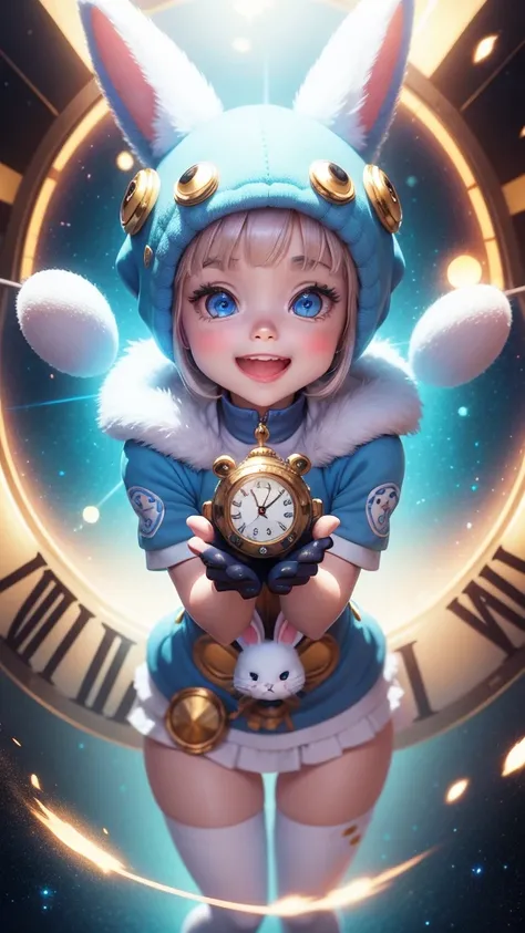 Cute anthropomorphic bunny baby，number art，Furry fur，eyes with brightness，white rabbit, light blue eyes, laughing, lovely smile, holding gold metalic clock, Trend Art Station，16Kghibli style，pixar-style，hyper qualit，octaneratingrendering，beautiful illumina...