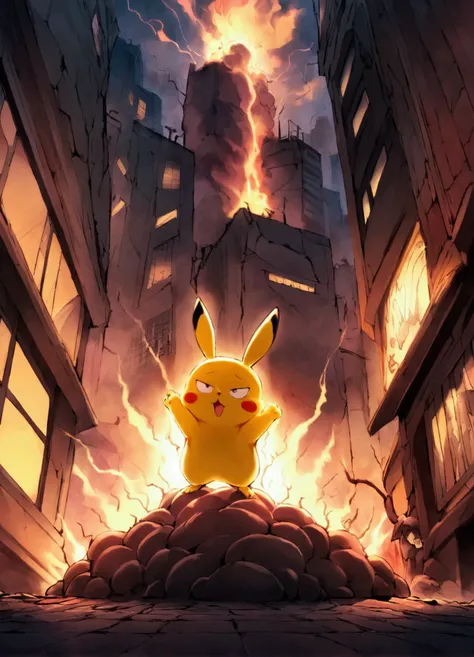 One punch man, saitama,bends over to pet a cute yellow Pikachu and gets electrocuted. (Looney tunes style electrocution comedy) some smoke and char, downtown tokyo