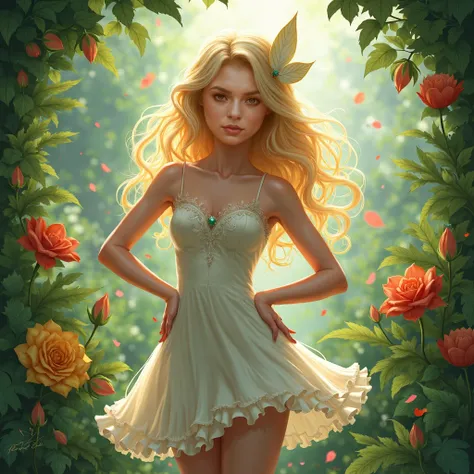 Mega fox, a blonde girl posing in garden in cute dress ,black hair