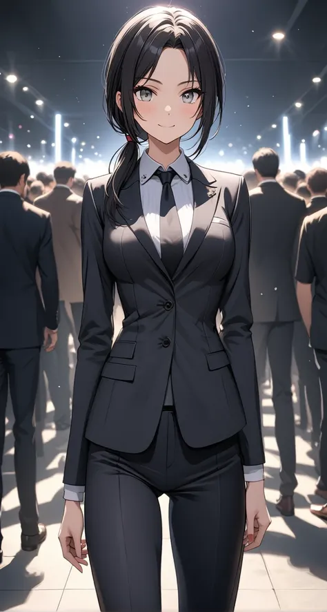 best quality, masterpiece, illustration, stoic, A 20-year-old gravure idol, a cute woman, with the highest level of sophistication, neatness, lightness, and femininity, ((detailed gray eyes)), pointy medium breasts, tall at 1.58meters, slender legs, black ...