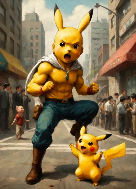 One punch man, saitama,bends over to pet a cute yellow Pikachu and gets electrocuted. (Looney tunes style electrocution comedy) some smoke and char, downtown tokyo
