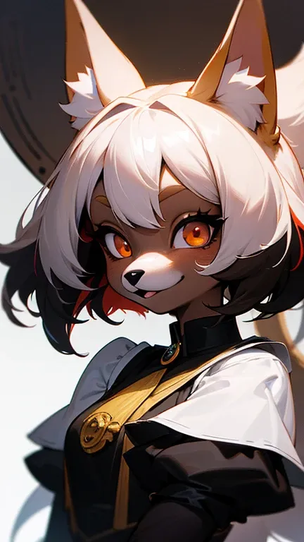 masterpiece,insanely detailed, absurdres, 16K, a girls, kemono, furry face,evil smiling, grinning,multicolored hair, dark skin, narrow eyes,with crazy eyes, (dog_girl, anthro furry:1.1),(anthro_female_dog:1.1), fluffy fur, flat chest,white background, uppe...