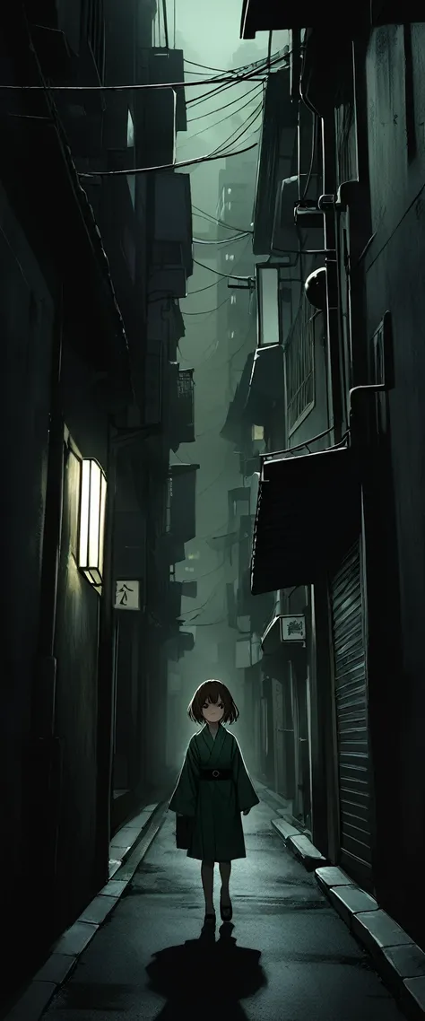 Dark green silk kimono。,Walking in the fog。Black belt。Serious expression。Young elementary school student。Short。Brown medium hair。Beautiful dark eyes。One person。darkness。Spooky atmosphere。Japan。Concrete city。Narrow Alley。Dark atmosphere without light。night。...