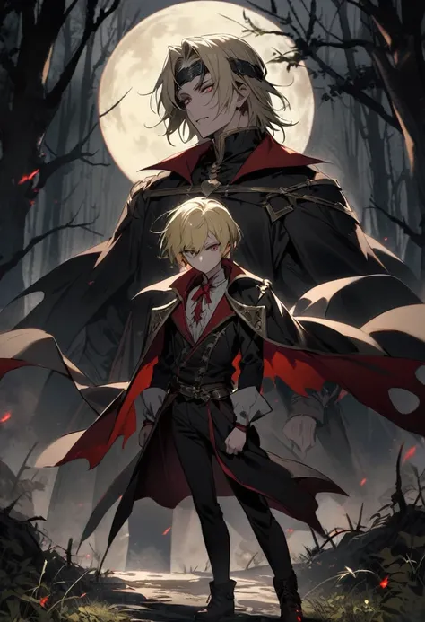 two Old Men on the left and right with very short hair, young boy in the center blond vampire and with a metal headband headband, against the backdrop of a full moon in a gloomy forest