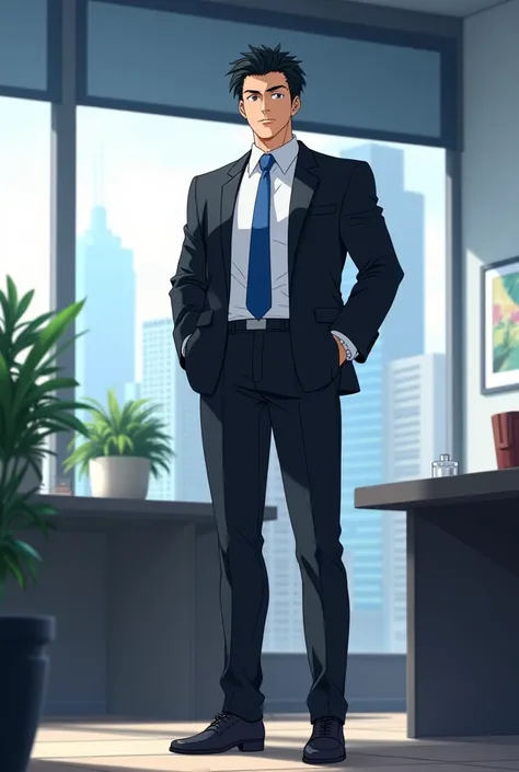 Anime office background athletic adult man short black hair blue eyes face identical to Darien Chiba character from Sailor Moon dressed in black suit white shirt and blue tie standing with hands in pants pockets and black shoes 