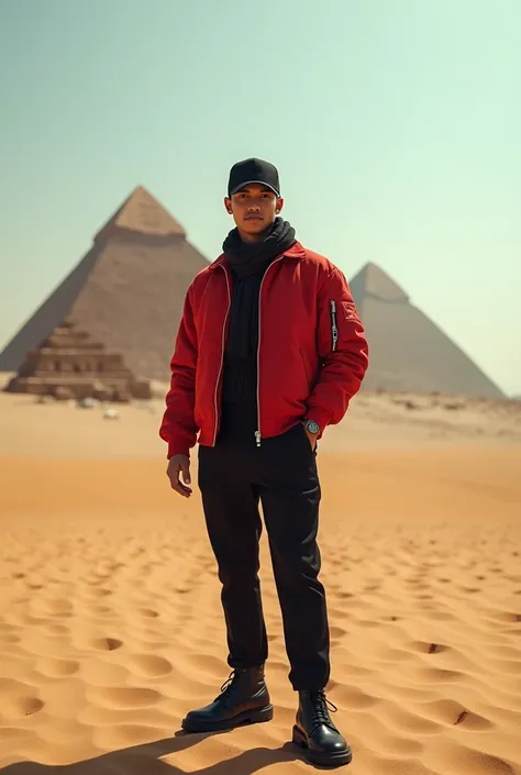 

Professional portrait photography, a handsome Indonesian man, reverse trucker caps, red bomber jacket, scarf, black trousers, black shoes standing in the middle of the desert, calm atmosphere showing the warmth of the Egyptian technology background that ...