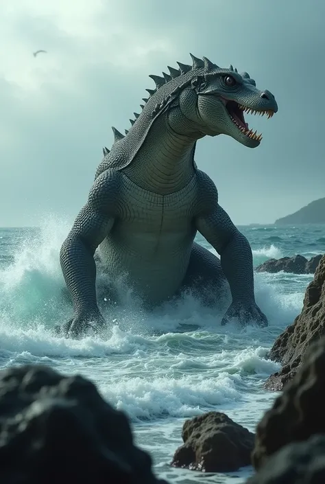 make an angry komodo dragon by the sea fullbody,Realistic,4K