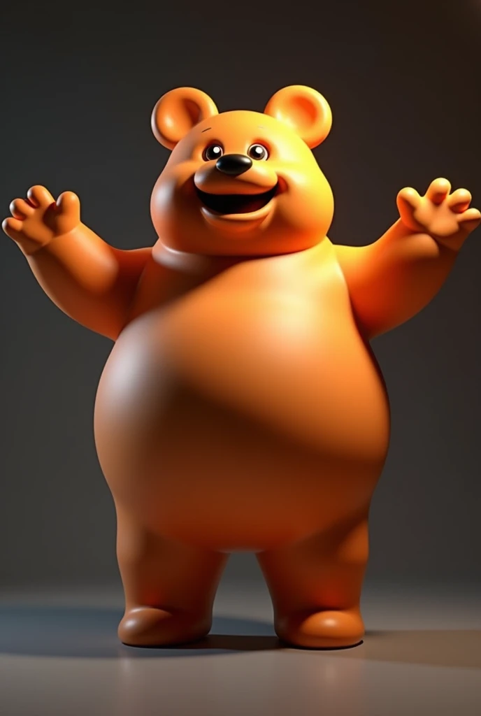 A mascot character in the form of a bear with arms and legs spread out to the sides like a star, large, voluminous, very bloated, orange in color, professional photo, studio light, dark background, photorealistic photo,  matte plastic orange, light from ab...