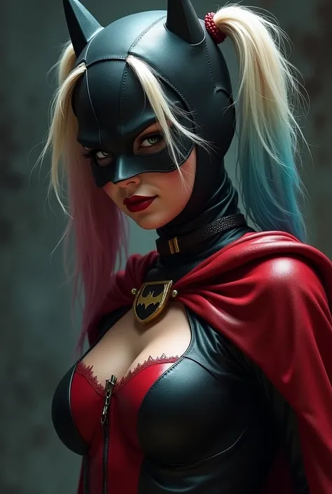 Harley Quinn wearing red and blacknbatmans suit. Wearing batmans mask and a batman cape.