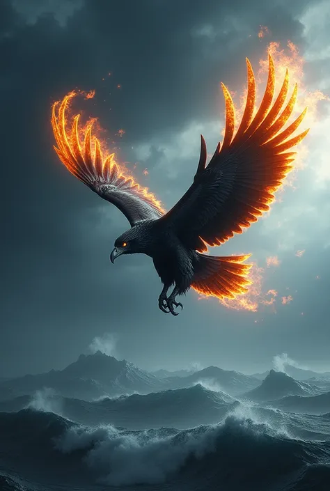 Ai 3d video, a black eagle is flying in the sky full of black clouds, there is fire on its wings, there is an ocean below it 