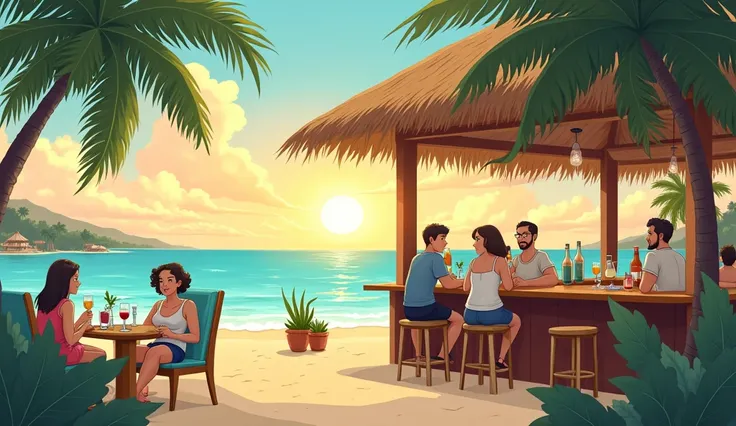 Ghibli-style illustration of people relaxing at a beach bar