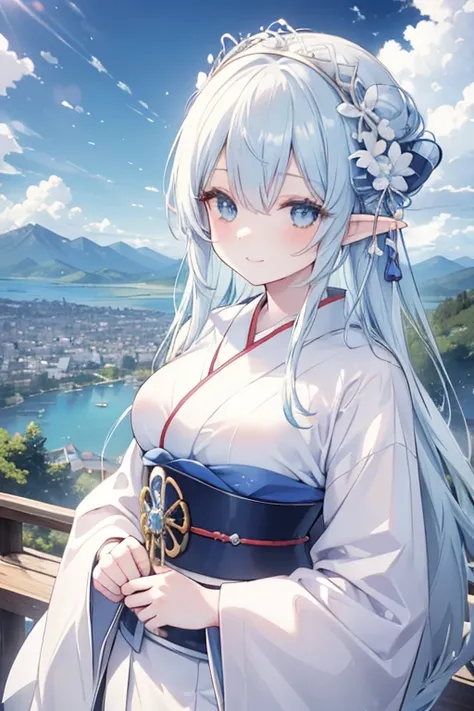 beautiful girl,elf, blue white hair, long hair, blue sea eyes, white kimono, mountain top, lake, forest, beautiful sky, cloudy, city view, Japan, smile, High Resolution, Best Quality, Details, High Details,