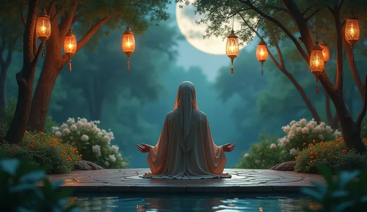 Arab woman meditating in a garden at night: An Arab woman in traditional dress, sitting in meditation position in a serene garden, surrounded by trees and flowering shrubs. Decorative lanterns hanging from the trees emit a soft light that illuminates the n...