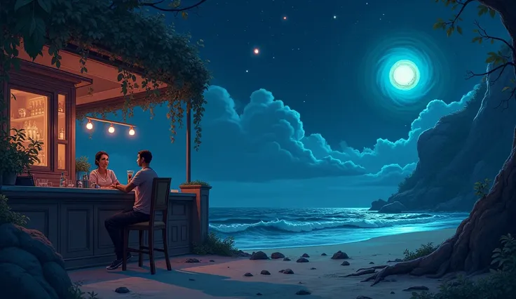 Night Beach。An illustration of someone relaxing in a bar in another world