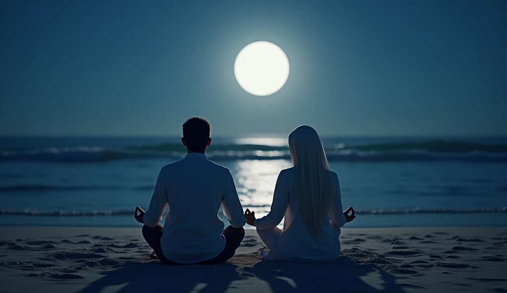 Arab couple meditating on a beach at night: An Arab man and woman sitting side by side on the sand of a beach, with the ocean waves gently lapping at the water&#39;s edge. Moonlight reflects on the ocean, while the couple meditates in silence, enjoying the...