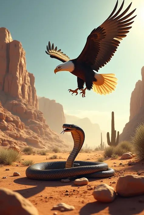 A majestic bald eagle and a venomous rattlesnake meet in the arid deserts of North America. The eagle, with its sharp talons and piercing vision, circles in the sky, while the rattlesnake, with its rattling tail and venomous fangs, slithers through the roc...