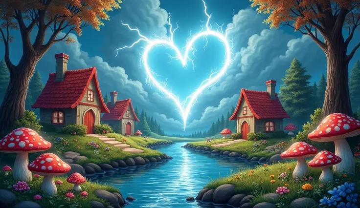 A fantastical village landscape with colorful mushrooms and flowers blooming in abundance。A stream flows、Cute houses on both sides々is lined up。Lightning flashes in the sky、A heart-shaped lightning bolt is rising。This place is surrounded by forest、It create...