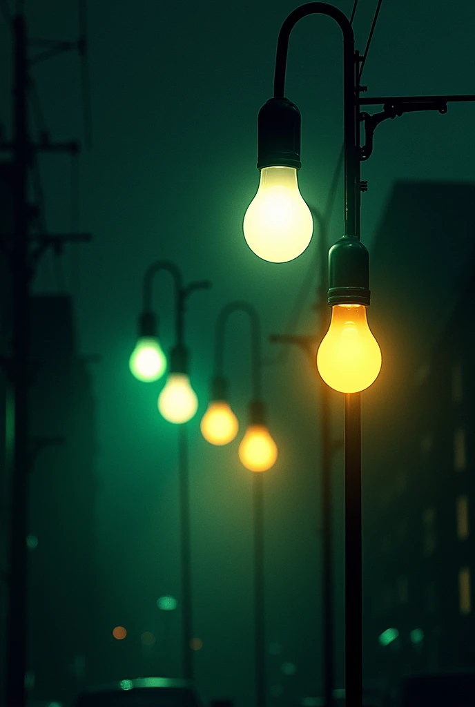 create a book cover displaying light outlined by the profiles of electric bulbs, alternating between shades of green yellow and white to emulate street lights with name  the street life of lights
