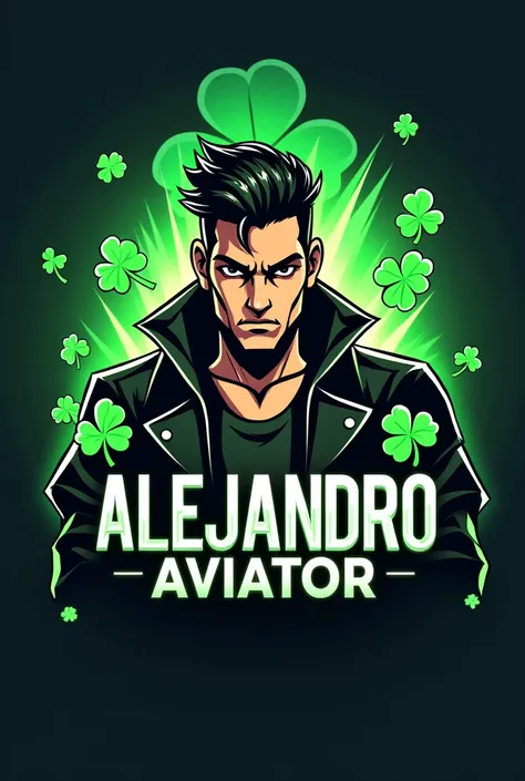 Create a logo for a betting channel that has the name Alejandro Aviator and has clovers 