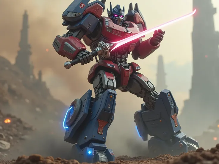 Optimus Prime, robot, cybertron, sword, cyberpunk, futuristic, mech, sci-fi, space, planet earth, dramatic lighting, hyper detailed, cinematic, photorealistic, 8k, masterpiece, ultra-detailed, intricate machinery, glowing blue energy, epic, powerful, dynam...