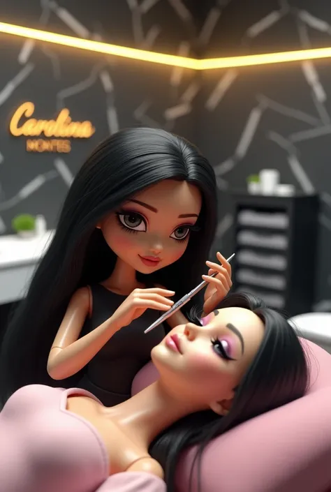 Disney lashista doll fat body with long black hair black eyes wide nose and big lips with black shirt, She has small eyelash tweezers in her hands and is applying eyelash extensions to a reclining client who has her eyes closed with white hydrogel patches....