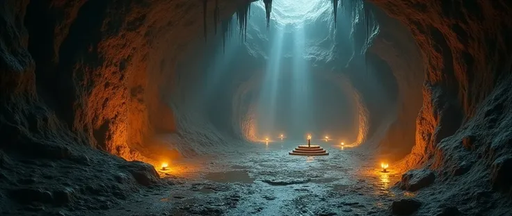 view from above, birds eye view, cave without light, wide and large cave, wet ground, wet cave, torches hanging on the cave wall, small and low altar located in the center