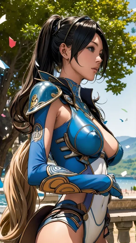 Highest quality, Official Art, masterpiece, Fabric Shading, High resolution, Very detailed, colorful, Best details, Fantasy, Combat Uniform,1 female, Lakeside with an old castle view,Long Hair, Black Hair、Twin tails, Large Breasts, skinny,Surrounded by man...